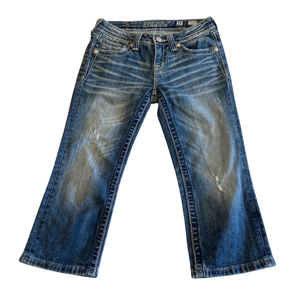 Miss Me Jeans Girls 14 (25x18) Medium Wash Embellished Cross Whiskered Distress